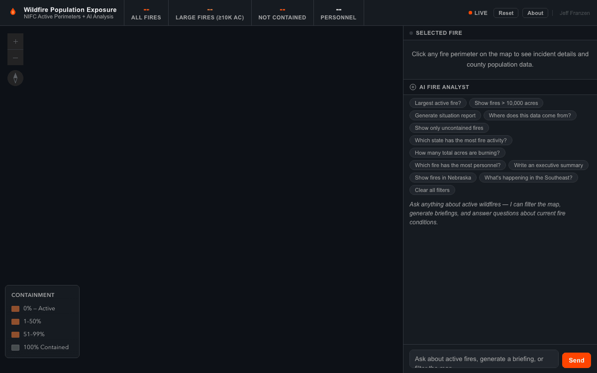 Screenshot of Wildfire Population Exposure — Live NIFC Data + AI